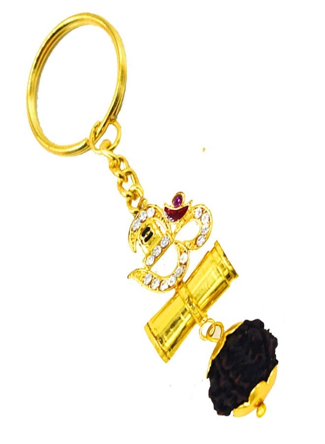 AFH Diamod Studded Om Shiva Ligam Rudrkasha Religious Brass Decorative Key Chain for Men and Women - Image 2